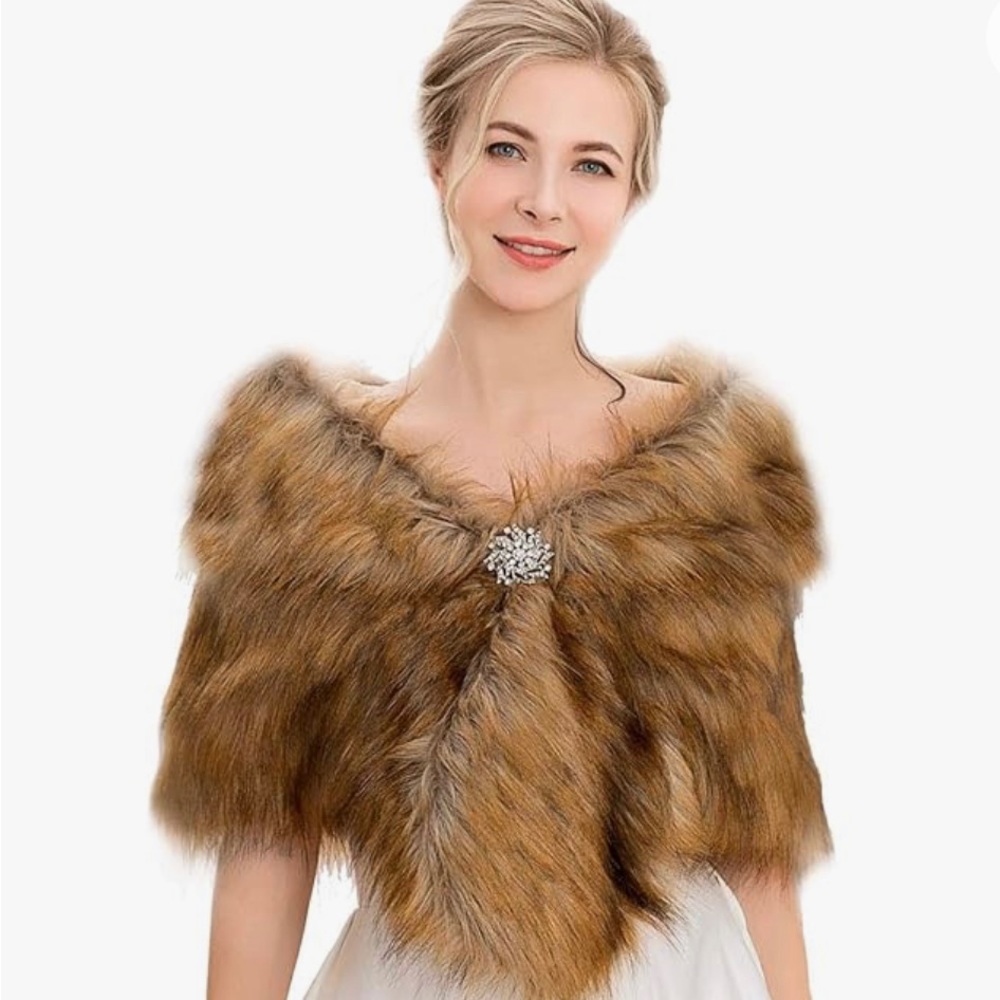 Faux Fur Wrap - brown stole with satin lining and rhinestone brooch.